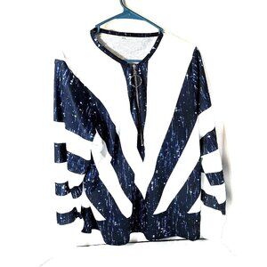 Womens Colorblock Sequin White/Blue Basic Long Sleeve Zipper Front Loose Blouse